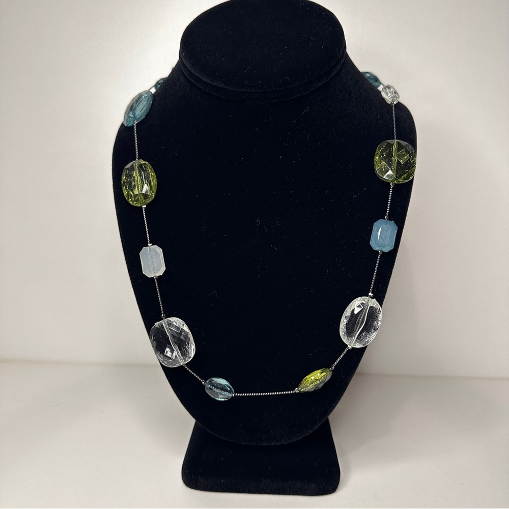 2010s Long Necklace with Blue, Green, and Clear Stones Along Chain.